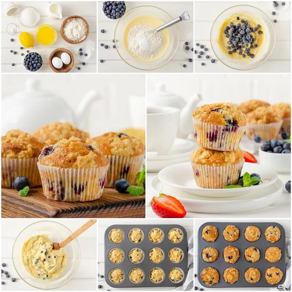 Collage Preparation Lemon Muffins Blueberries Streisel White Wooden Background Recipe — Foto Stock