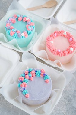 Bento keki. Beslenme çantasındaki farklı küçük pasta. Asya yemekleri trendi. Her tatil için güzel bir hediye.