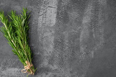 Karanlık taş pişirme arka planı. Baharatlar, taze fesleğen, biberiye ve sarımsak. Üst Manzara. Metnin için boş yer