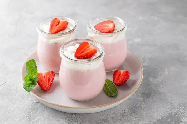 Strawberry Mousse Glass Jar Gray Concrete Background Whipped Cream Fresh — Stock Photo, Image