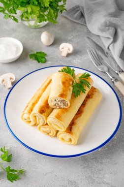 Pancakes or thin crepes stuffed with chicken and mushrooms on a plate on a gray concrete background. Selective focus, copy space