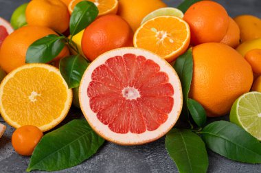 Beton arka planda yaprakları olan farklı narenciye meyveleri. Sağlıklı yiyecekler. Üst görünüm.