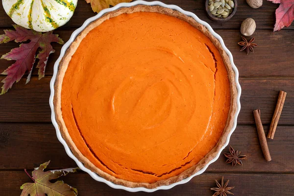 Traditional Pumpkin Pie Whipped Cream Cinnamon Dark Wooden Background Homemade — Stockfoto