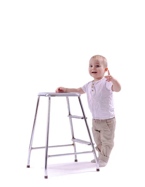 Malý Chlapec Hračkou Bílém Pozadí — Stock fotografie