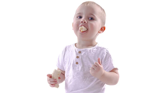 Carino Bambino Ragazzo Con Gli Occhi Rosa Isolato Sfondo Bianco — Foto Stock