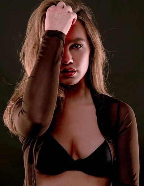 Hermosa Mujer Rubia Sexy Lencería Negra —  Fotos de Stock