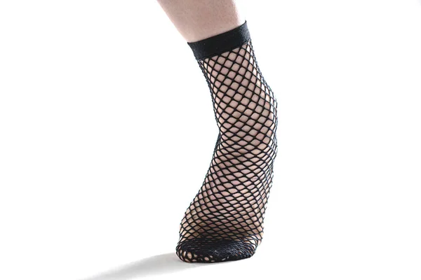 Woman Foot Black Nylon Sock Light Background — Foto de Stock