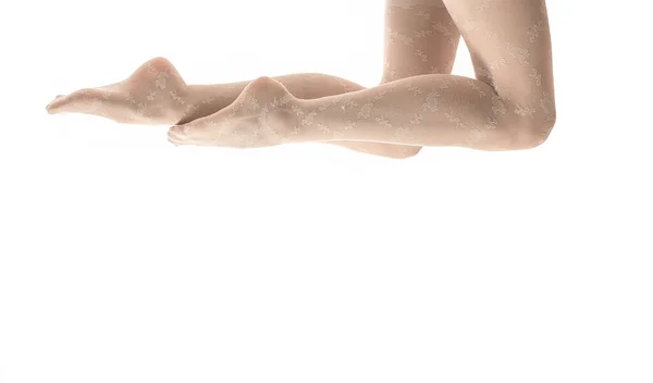Upside Woman Wearing White Tights Studio Copy Space — Stok fotoğraf