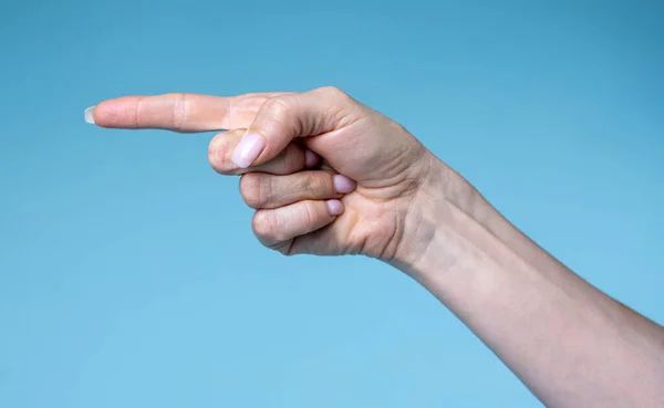 Cropped Image Female Hand Pointing Finger Left Side — Stok fotoğraf
