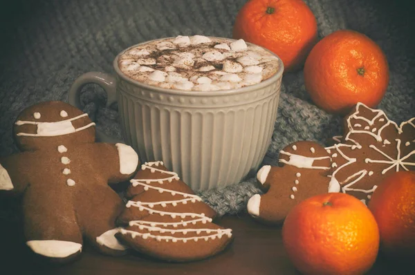 A cup of cocoa or chocolate with gingerbread and tangerines against the background of a warm cozy scarf — Stock Photo, Image