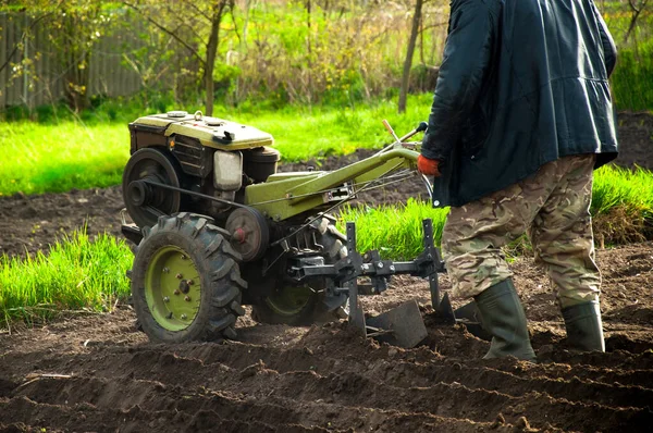A man with the help of a mototechnics makes furrows on the soil for planting potatoes Stockbild