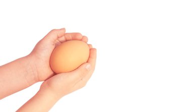 Çocuklar, beyaz yalıtımlı arka planda bir tavuk yumurtası tutuyor.