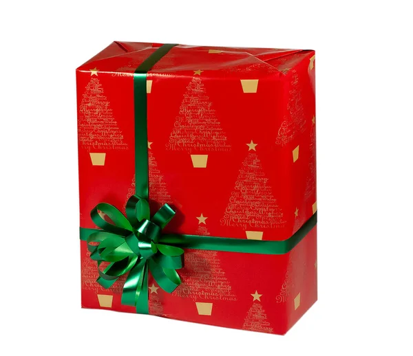 Gift Packed Red Paper Green Bow Insulated White Background High — Stock Photo, Image