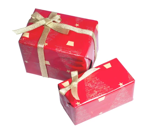 Two Red Gift Boxes Gold Bow Insulated White Background High — Stock Photo, Image