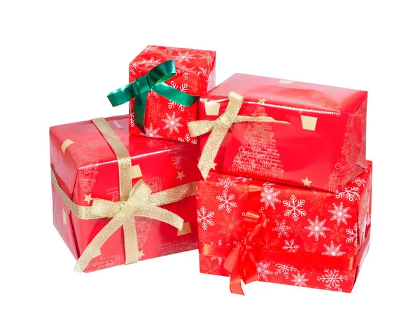 Gift Boxes Wrapped Red Wrapping Paper White Insulated Background High — ストック写真