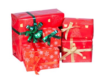 a set of gifts in red paper with green and gold bows, isolated on a white background, Christmas, New Year. High quality photo
