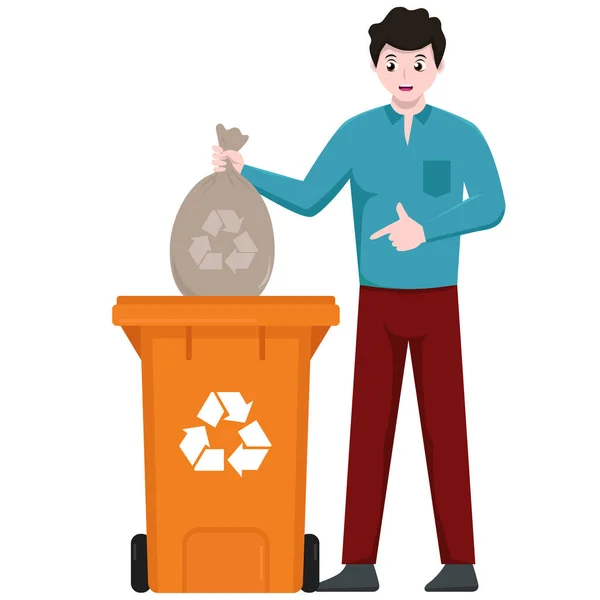 Hombre Puso Basura Papelera Reciclaje — Vector de stock