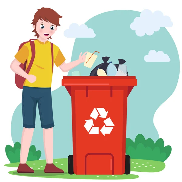 Kid School Boy Put Trash Garbage Recycle Bin Trash Can — Vector de stock