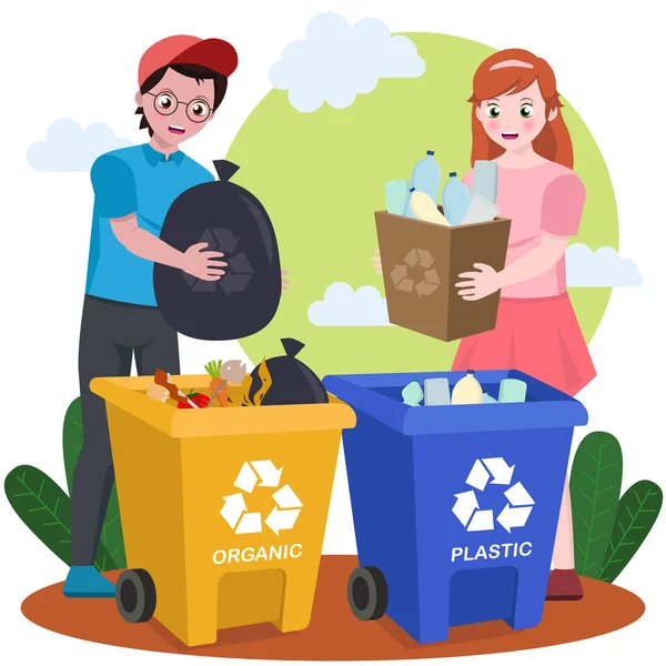 Παιδί Αγόρι Σχολείο Και Κορίτσι Έφηβος Βάλει Σκουπίδια Ανακύκλωσης Κάδο — Διανυσματικό Αρχείο