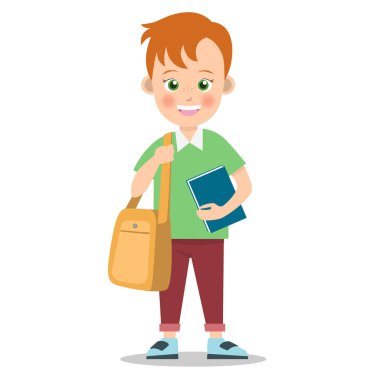 Mutlu küçük oğlan ve kız çocuklar okul çantası ve kitap takıyor.