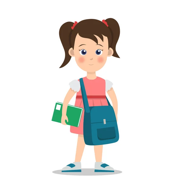 Glücklich Kleines Mädchen Kind Schulmädchen Trägt Ihre Schultasche Und Buch — Stockvektor