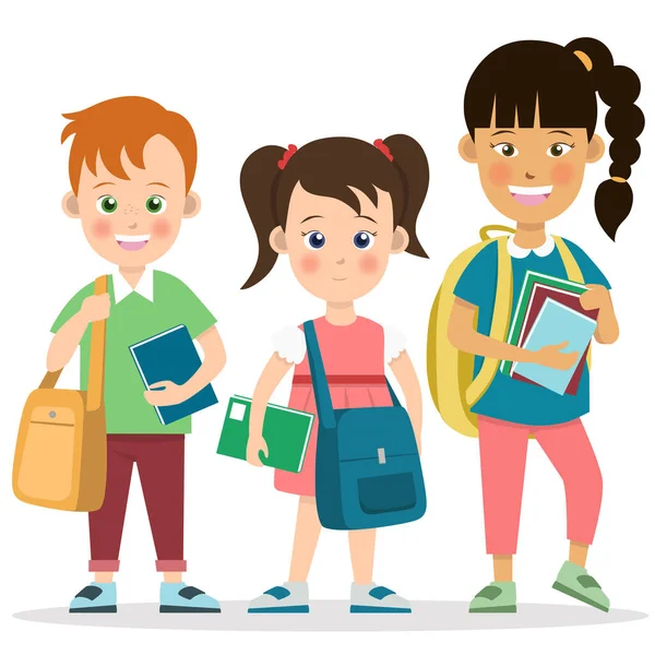 Niñas Escuela Feliz Niños Niños Niños Con Bolso Escuela Libro — Vector de stock