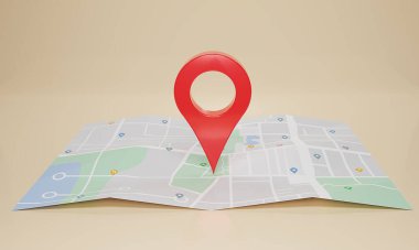 GPS. Kılavuz şifresi, bej arkaplandaki haritayla kontrol ediliyor. Konum kodu, konum haritası, konum simgesi. 3d resimleme.