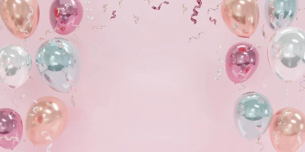 Renkli pastel balonlar Parti ve Uzayla Kutlamalar için yüzüyor. Pembe arka planda izole edilmiş metinler için. Doğum günü için yüzen balonlar, parti. Asgari yaratıcı fikir. 3d oluşturma.