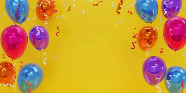 Colorful Balloons Floating Party Celebrations Space Texts Message Isolated Yellow — Stock Photo, Image