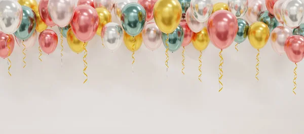 五彩缤纷的氦气气球飘浮在党和庆祝与空间的文字 节日背景 问候语横幅 海报等最小创意创意 3D渲染 — 图库照片