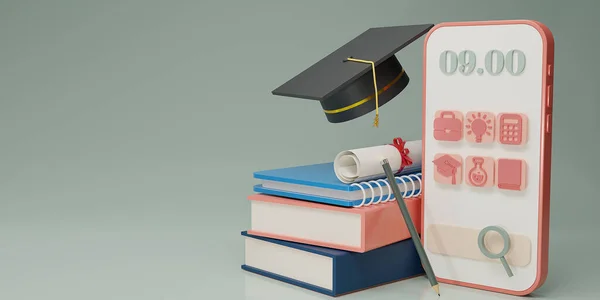 3D Graducate cap and diploma on books with smartphone design. E-learning, Digital Online Education Application for website and mobile website at home. Social distance concept. Copy space. 3d rendering