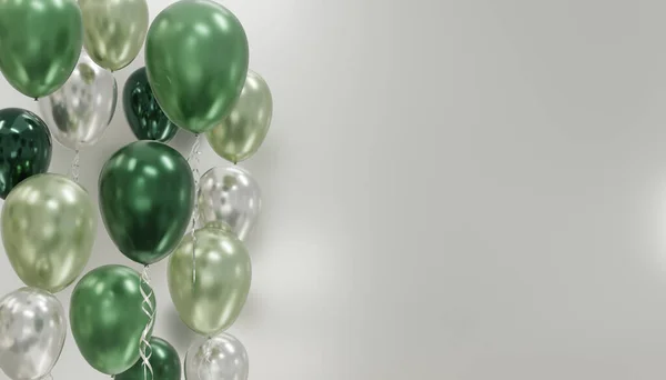 Parti için yeşil helyum balonları yüzüyor ve mesajlar için uzay ile kutlamalar yapılıyor. Doğum günü için çok az yaratıcı fikir, festival için beyaz arka plan, tebrik kartı, poster. 3d oluşturma.