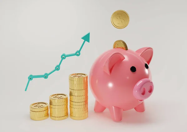 Pink piggy bank and falling gold coins with growth graph. Saving  investment finance, banking concept. Growth, income, savings, investment. Symbol of wealth. Business success. 3d rendering