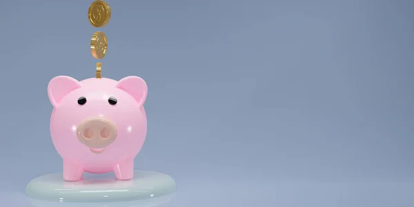 Roze Spaarvarken Bank Vallende Gouden Munten Isoleren Blauwe Achtergrond Besparing — Stockfoto