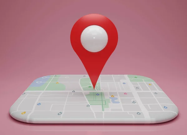 GPS. Pembe arkaplandaki harita ile navigatör pimi kontrol ediliyor. Konum kodu, konum haritası, konum simgesi. 3d resimleme.