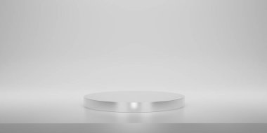 Shiny silver round pedestal or podium  with studio backdrops. Metallic white  Blank display or clean room for showing product. Minimalist mockup for podium display or showcase. 3D rendering.