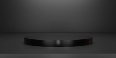 Stüdyo arkaplanlı soyut siyah podyum. 3 boyutlu karanlık boş ekran ya da ürün göstermek için temiz oda oluşturun. Podyum gösterisi ya da vitrin için minimalist bir model. 3B görüntüleme.