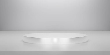 Shiny silver round pedestal or podium  with studio backdrops. Metallic white  Blank display or clean room for showing product. Minimalist mockup for podium display or showcase. 3D rendering.