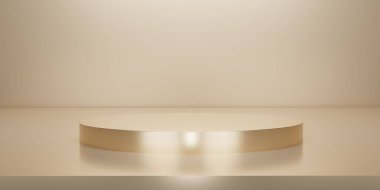 Stüdyo arkaplanlı parlak altın rengi bir kaide ya da podyum. Bej ya da krem rengi boş ekran ya da ürün göstermek için temiz oda. Podyum gösterisi ya da vitrin için minimalist bir model. 3B görüntüleme.