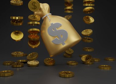 3D render gold  Moneybag and  stack gold coins are falling isolated on dark or black background. Cashless society concept. Growth, income, savings, investment, wealth. Money bag 3d rendering.