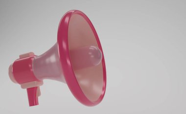 Pink megaphone isolate on white background with copy space for texts. Loudspeaker on white background. 3D render punch magaphone. 3D rendering.