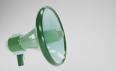 Green megaphone isolate on white background with copy space for texts. Loudspeaker on white background. 3D render spruce magaphone. 3D rendering.