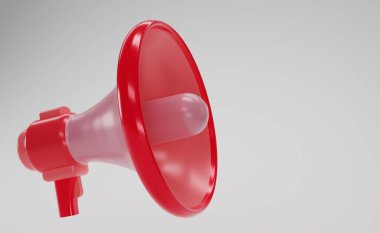 Red megaphone isolate on white background with copy space for texts. Loudspeaker on white background. 3D render red magaphone. 3D rendering.