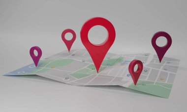 GPS. Navigatör pimi beyaz arkaplandaki haritayı kontrol ediyor. Konum kodu, konum haritası, konum simgesi. 3d resimleme.
