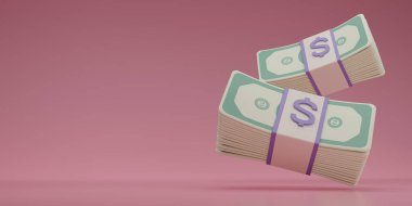 3D render Bundle cash is falling on pink background .Floating US Dollar bills bundles stack icon. copy space. Minimal style money dollar cash icon. Economy, finance, rich, treasure sign. 3d rendering.