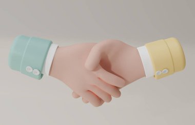 3D Cartoon style handshake image on white background. Close up of business handshake. Successful agreement, deal concept, contract partnership and agreement symbol. 3D rendering illustration.