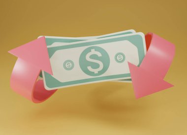 3D render cash back icon with Bundles cash isolate on yellow background. Cashback or Refund money service design.Banknotes Online payment. Income, savings, investment, 3d rendering.