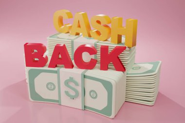 3D render cash back icon with Bundles cash isolate on pink background. Cashback or Refund money service design. Banknotes Online payment. Income, savings, investment, 3d rendering.