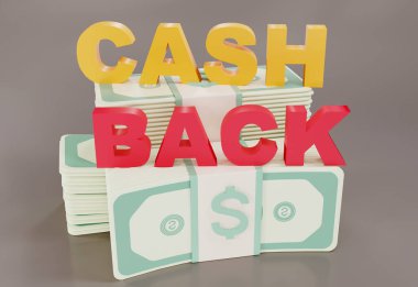 3D render cash back icon with Bundles cash isolate on gray background. Cashback or Refund money service design. Banknotes Online payment. Income, savings, investment, 3d rendering.