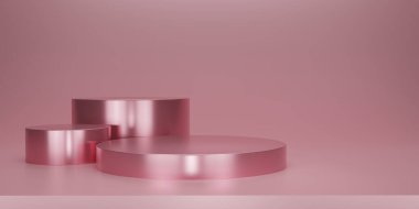 Pembe parlak kaidesi ya da stüdyo arkaplanı olan podyumu. Metalik pembe ya da gül sarısı boş ekran ya da ürün göstermek için temiz oda. Podyum gösterisi ya da vitrin için minimalist bir model. 3B görüntüleme.